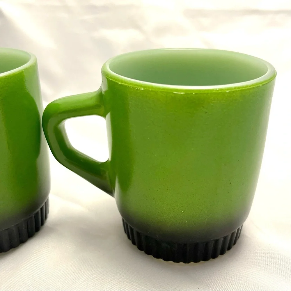 Fire King Mugs, Set of 2, Green-Black Ombre, Stackable, Vintage GUC